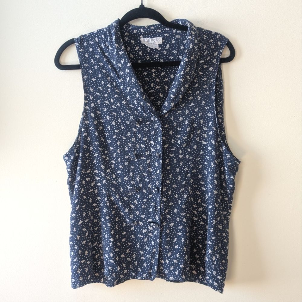 Vintage Ann Taylor All Silk Blouse Button Vest Navy Print Size 8 - Picture 1 of 6